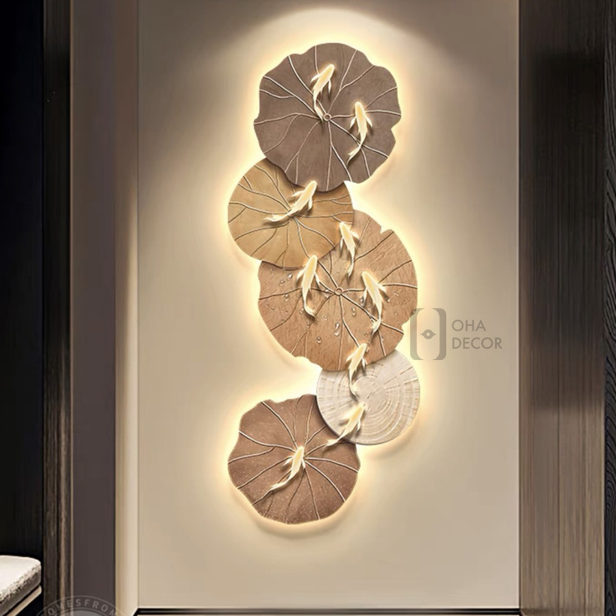 Tranh Đèn LED 3D Phong Thuỷ Hoa Sen Cửu Ngư Trang Trí Phòng Khách, Quán Tiệm Shop OHA Decor