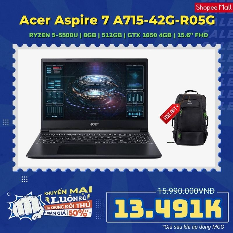 [Mã ELCL12 giảm 12% đơn 10TR] Laptop Acer Aspire 7 A715-42G-R4XX/ R05G(Chip AMD Ryzen R5-5500U / GTX 1650 4GB)