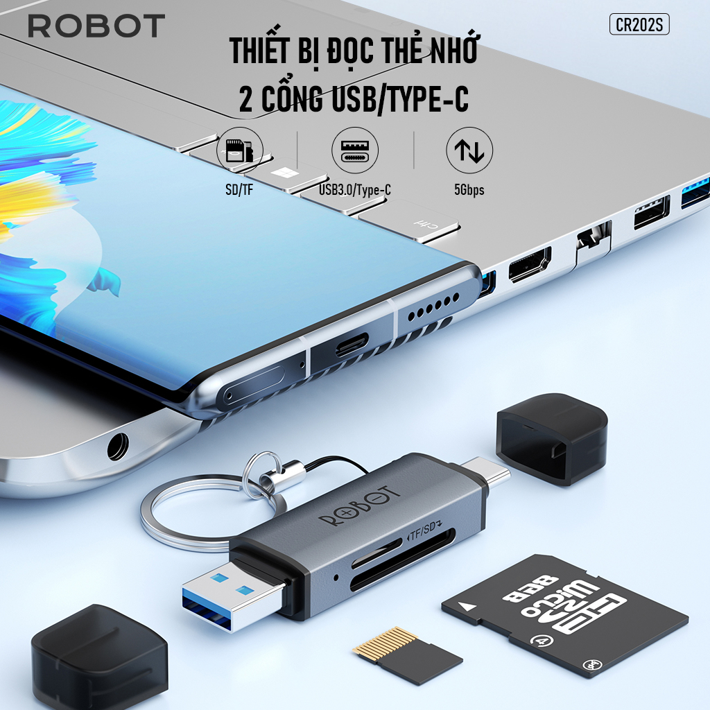 Ảnh Thiết Bị Đọc Thẻ Nhớ SD/ MicroSD ROBOT CR202/CR202S Hai Đầu Type-C Và USB 3.0 Tốc Độ Truyền Cao Vỏ Kim Loại Nhôm Cao Cấp 2