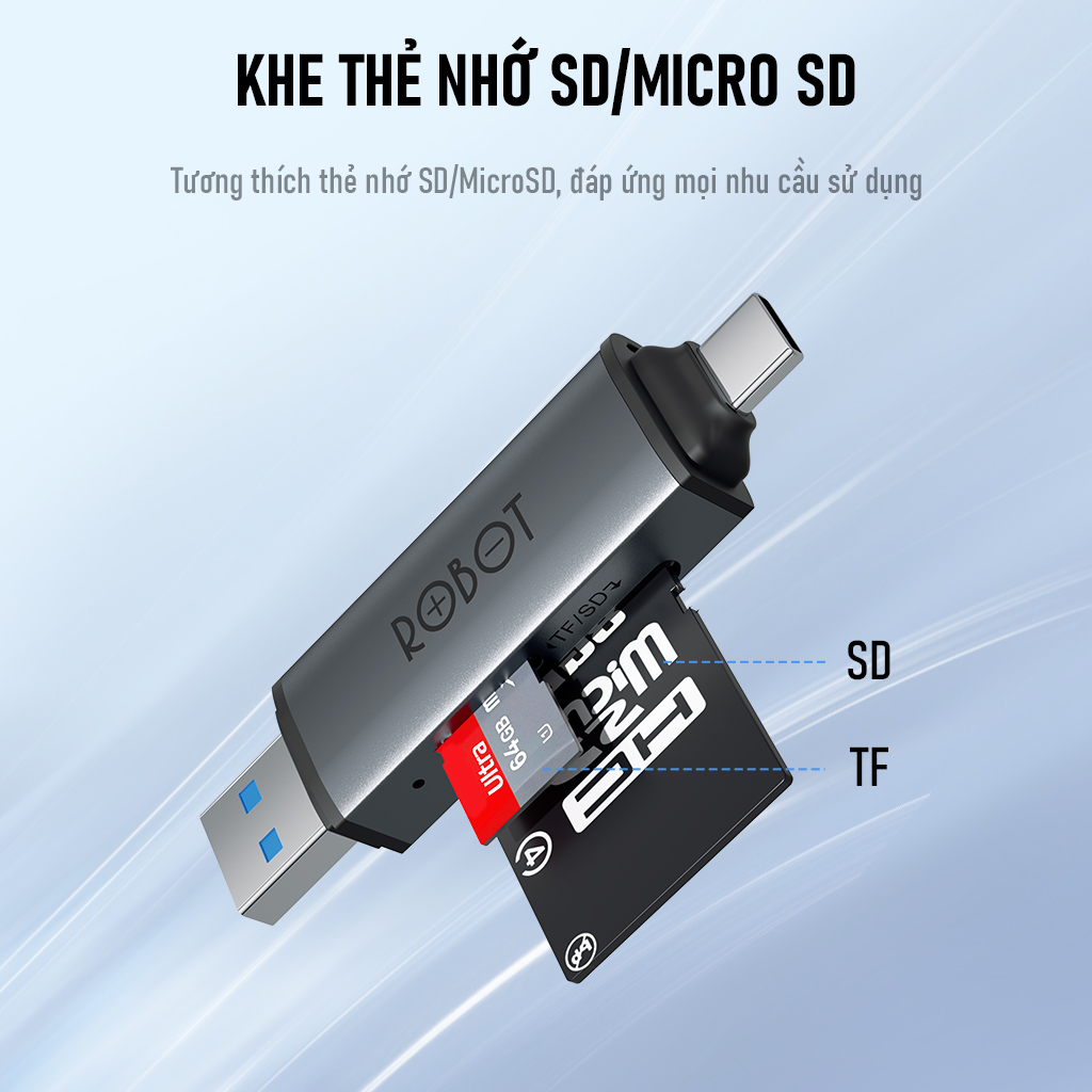 Ảnh Thiết Bị Đọc Thẻ Nhớ SD/ MicroSD ROBOT CR202/CR202S Hai Đầu Type-C Và USB 3.0 Tốc Độ Truyền Cao Vỏ Kim Loại Nhôm Cao Cấp 3