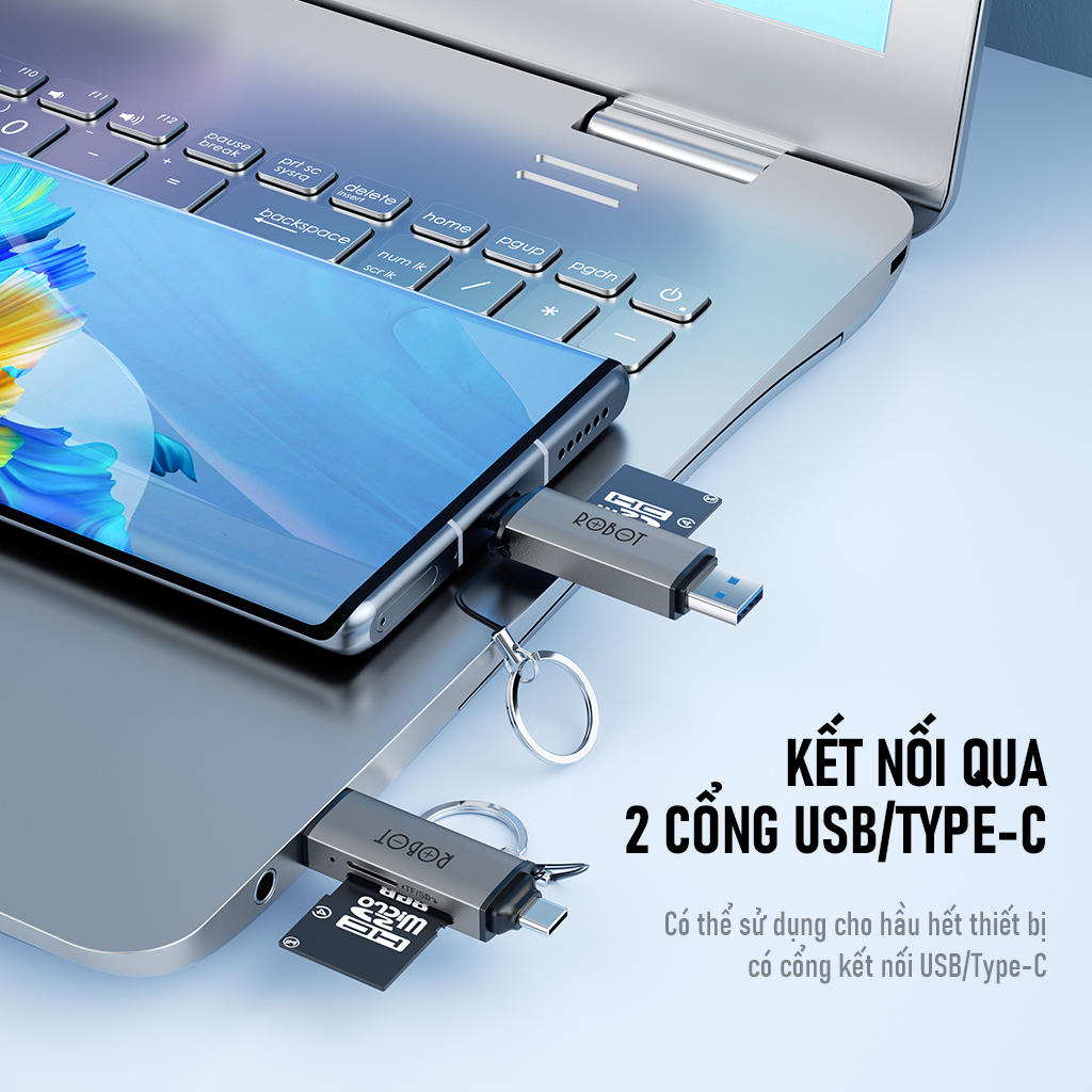 Ảnh Thiết Bị Đọc Thẻ Nhớ SD/ MicroSD ROBOT CR202/CR202S Hai Đầu Type-C Và USB 3.0 Tốc Độ Truyền Cao Vỏ Kim Loại Nhôm Cao Cấp 4