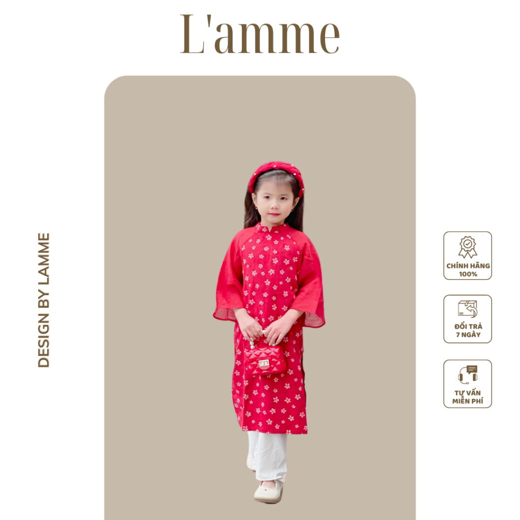 Áo dài cách tân bé gái Phúc An chất liệu nhung phối tơ có họa tiết hoa nhí thiết kế của LAMME spe