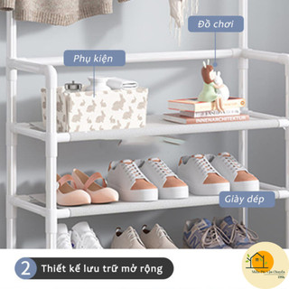 Giá Kệ Để Giày Dép Đa Năng 4 Tầng Thông Minh Có 8 Móc Treo Quần Áo Tiện Ích, Giá Để Đồ Đa Năng Cao Cấp 88405