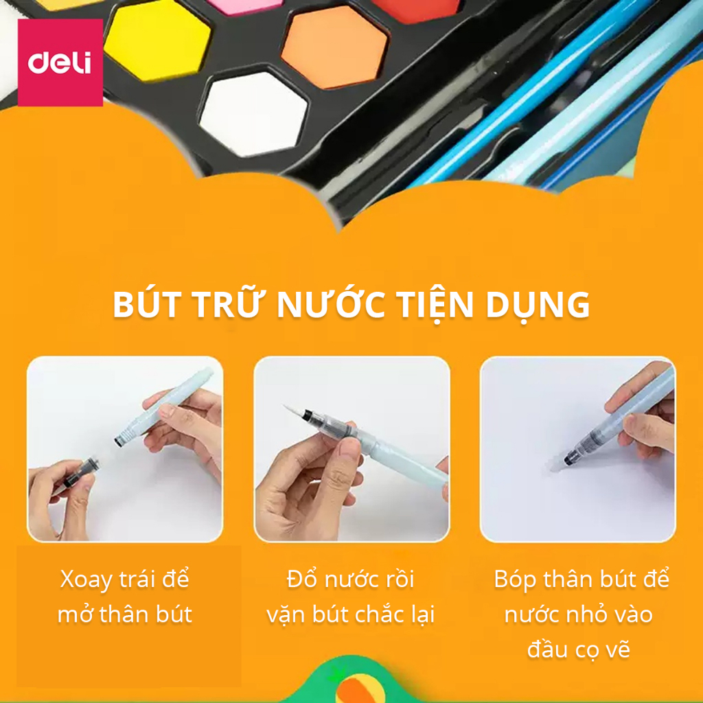 [Hộp Thiếc] Bộ Màu Nước Dạng Nén Tặng 8 Dụng Cụ Deli - 24/36/48 Màu Sắc Tươi Sáng Solid Water Color Tô Màu, Vẽ Tranh
