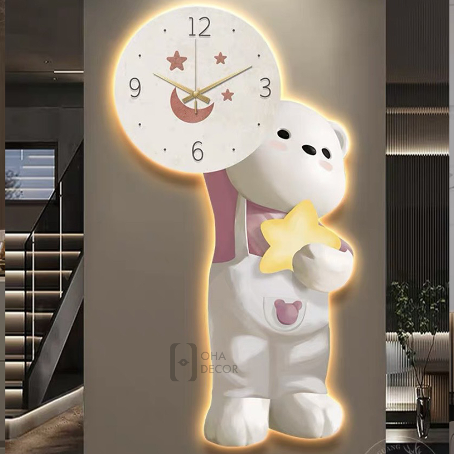 Tranh Đồng Hồ 3D LED Gấu Con Trang Trí Phòng Khách, Phòng Ngủ Xưởng Giá Rẻ