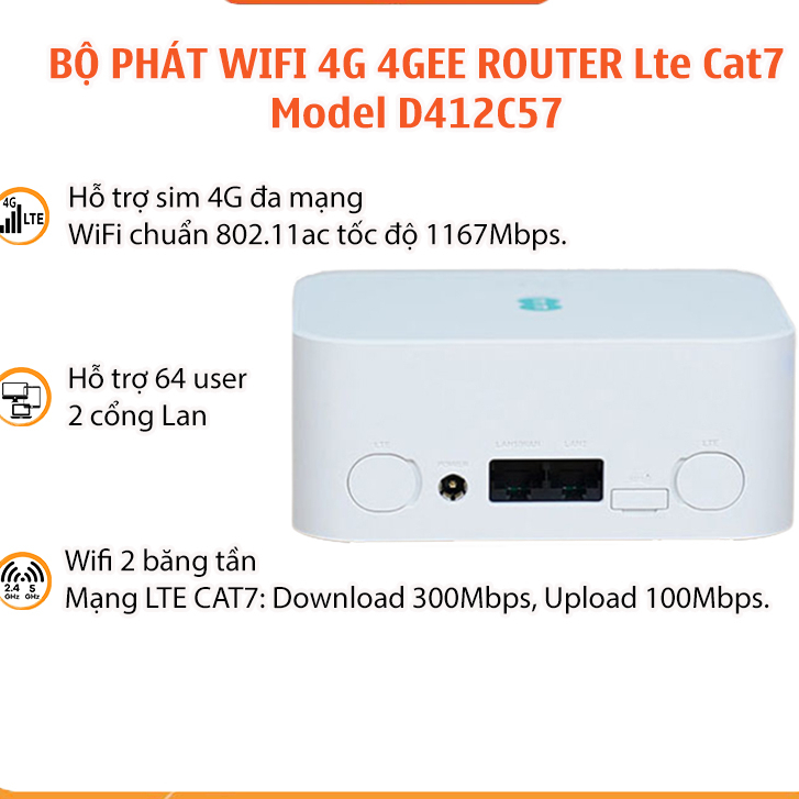 Bộ phát wifi từ sim 4GEE ROUTER Lte Cat7 – Model D412C57 tốc độ 300Mbps ...