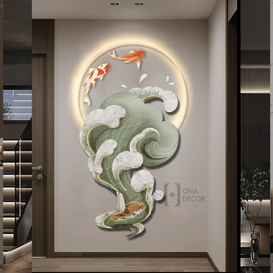 Tranh Đèn LED 3D Phong Thủy Cá Chép Trang Trí Phòng Khách Quán Tiệm Shop Xưởng Giá Rẻ