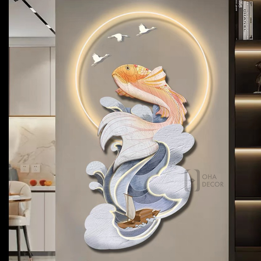 Tranh Đèn LED 3D Phong Thủy Cá Chép Trang Trí Phòng Khách Quán Tiệm Shop Xưởng Giá Rẻ