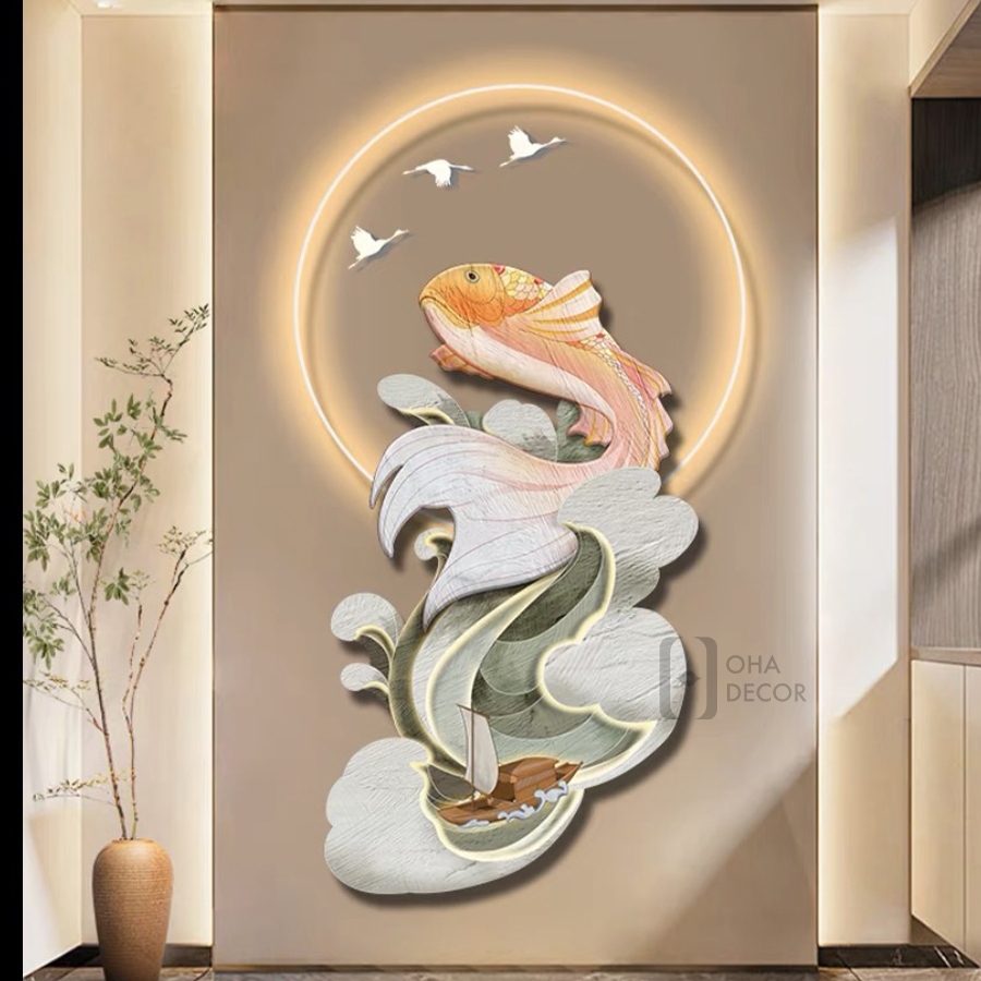 Tranh Đèn LED 3D Phong Thủy Cá Chép Trang Trí Phòng Khách Quán Tiệm Shop Xưởng Giá Rẻ