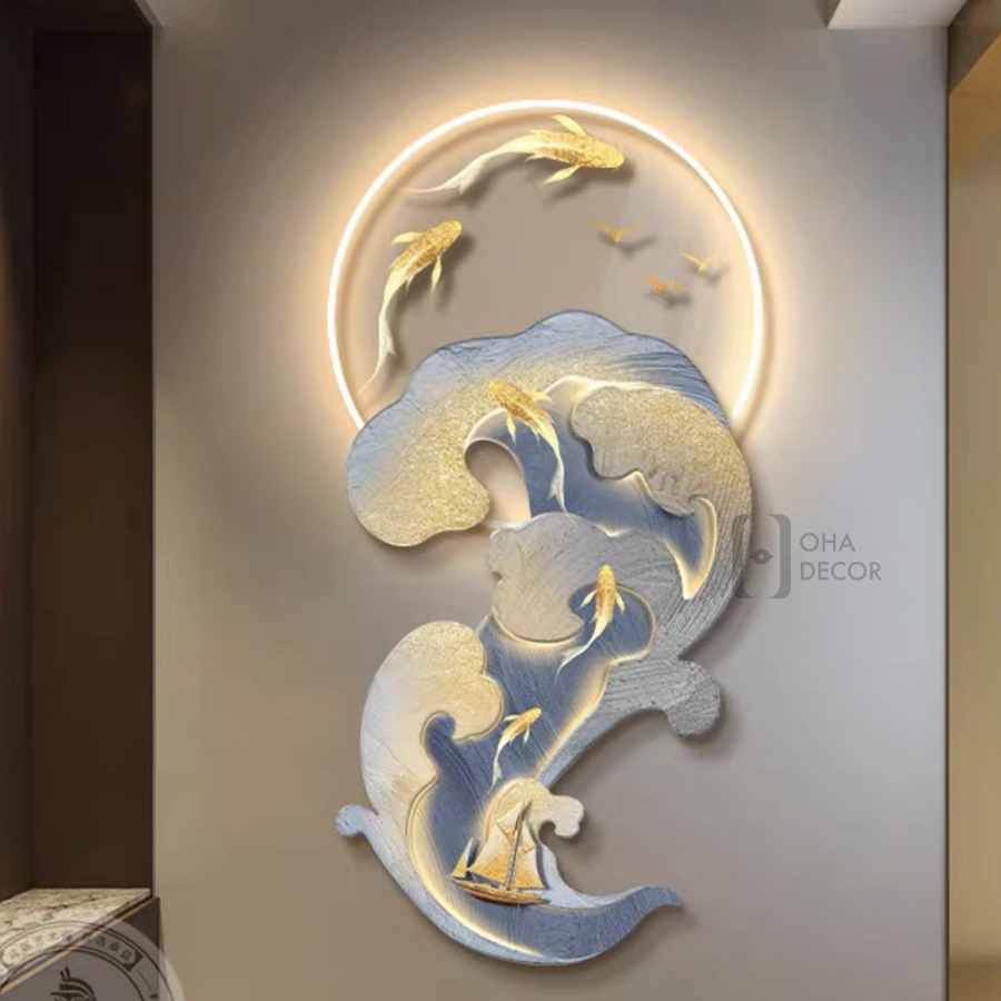 Tranh Đèn LED 3D Phong Thủy Cá Chép Trang Trí Phòng Khách Quán Tiệm Shop Xưởng Giá Rẻ