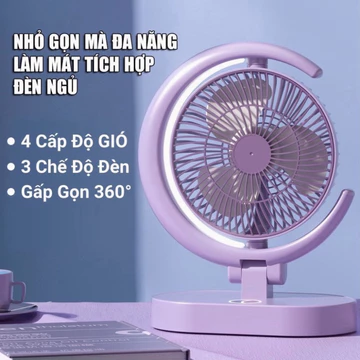 quạt sạc tích điện hình mặt trăng - quạt để bàn gấp gọn kèm đèn led công suất lớn 3 chế độ gió