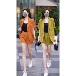 Sét bộ blazer nữ mặc đi chơi chất mango áo vest tay ngắn cài nút túi giả mix quần đùi ống rộng kèm áo lót thun gân