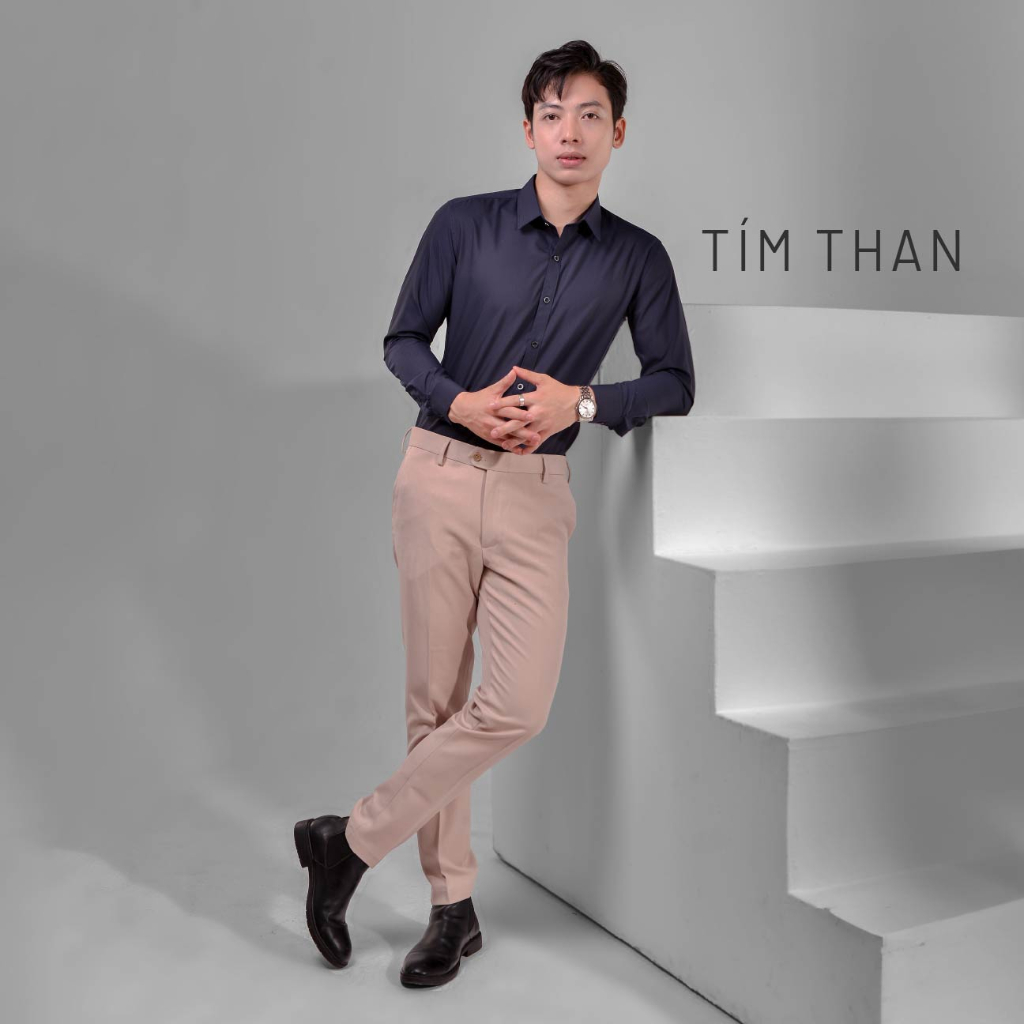 Áo sơ mi nam trắng dài tay HTSM MAGNOR vải trơn, vải Polyspun chống nhăn, cổ bẻ, dáng slimfit công sở không túi ngực