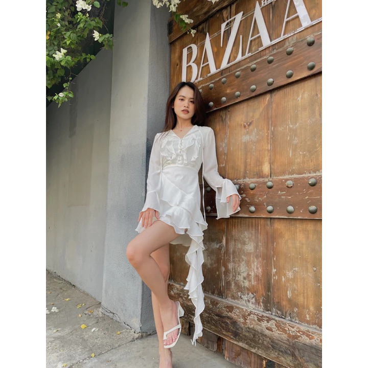 RÊVER Đầm dự tiệc đầm nữ cao cấp trắng đen tay dài tua rua dự tiệc đi biển Mermaid Dress