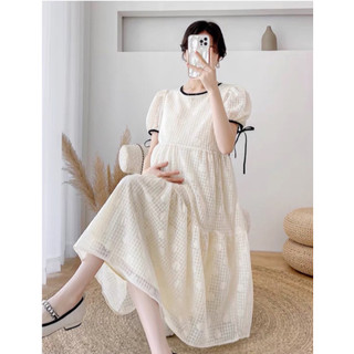 Váy bầu xinh ViBa [VB66] hoa nổi màu kem