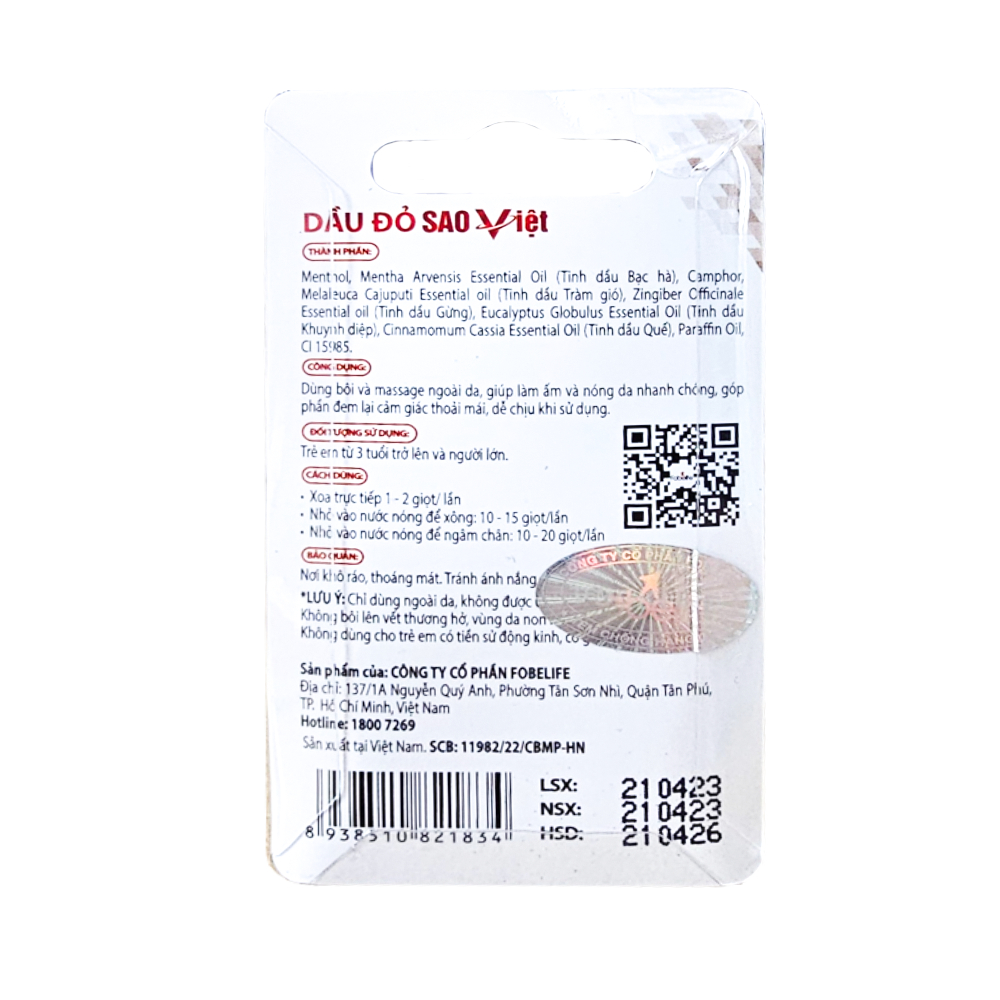 Dầu Đỏ Sao Việt Fobe Giúp Giảm Nhức Mỏi, Đau Cơ, Sưng Tấy N1 - Chai 25ml