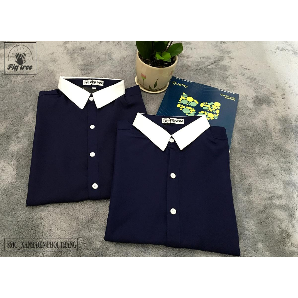 Set Đồ Đôi Áo Sơ Mi Fig Tree Màu Xanh Đen Phối Cổ Trắng Model