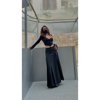 Áo croptop cổ tim tay loe kiểu croset tôn eo kèm dây rút cổ áo quyến rũ Retro
