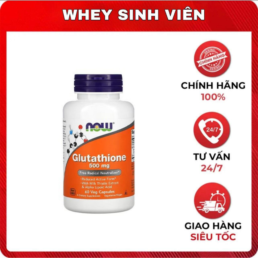 Có sẵn] [Chính hãng] Viên Uống Hỗ Trợ Trắng Da Glutathione Now 500mg Chính Hãng 60 Viên