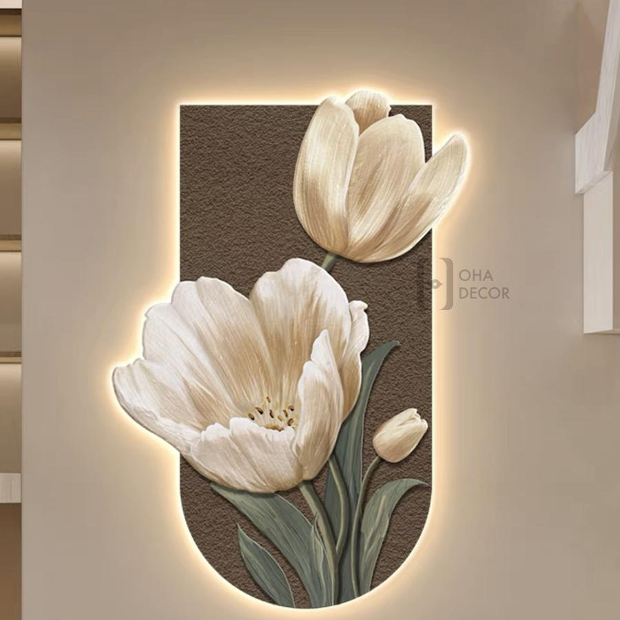 Tranh 3D Đèn LED Hoa Tulip Đẹp Tráng Gương Trang Trí Nhà, Quán Cà Phê Tối Giản OHA Decor
