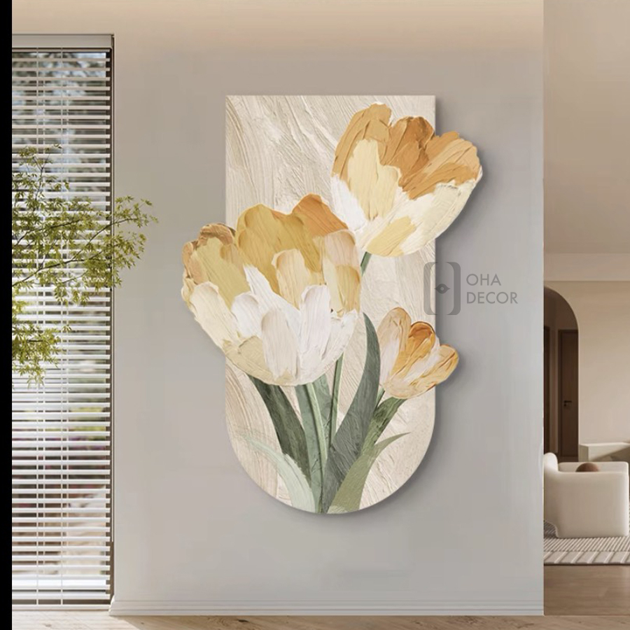 Tranh 3D Đèn LED Hoa Tulip Đẹp Tráng Gương Trang Trí Nhà, Quán Cà Phê Tối Giản OHA Decor