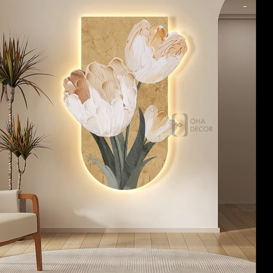 Tranh 3D Đèn LED Hoa Tulip Đẹp Tráng Gương Trang Trí Nhà, Quán Cà Phê Tối Giản OHA Decor