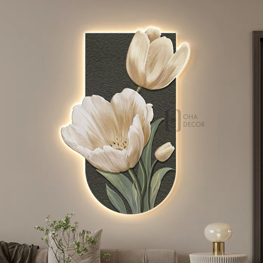 Tranh 3D Đèn LED Hoa Tulip Đẹp Tráng Gương Trang Trí Nhà, Quán Cà Phê Tối Giản OHA Decor