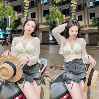 Áo len dây yếm chất mongtoghi mix cadigan lưới, set gồm 2 áo xinh