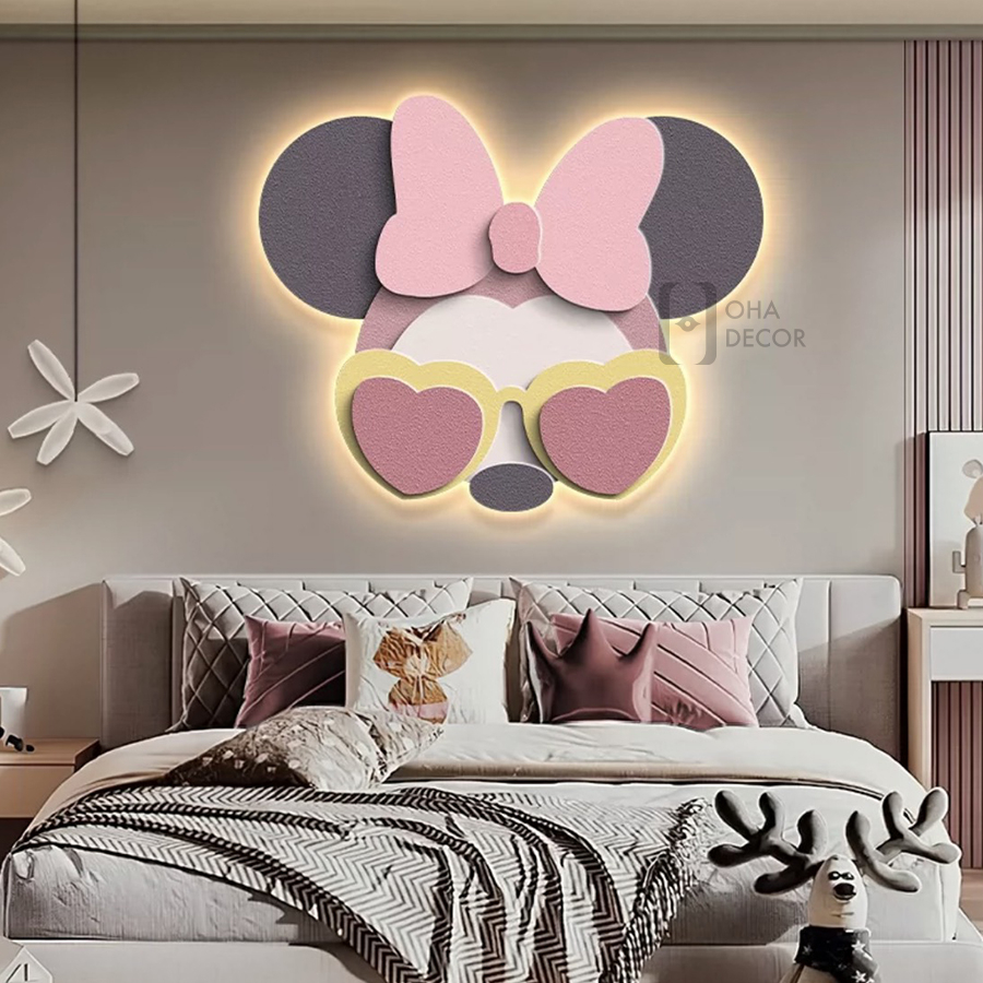Tranh 3D LED Cắt Chuột Mickey Minnie Màu Hồng