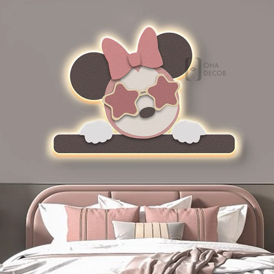 Tranh 3D LED Cắt Chuột Mickey Minnie Màu Hồng 
