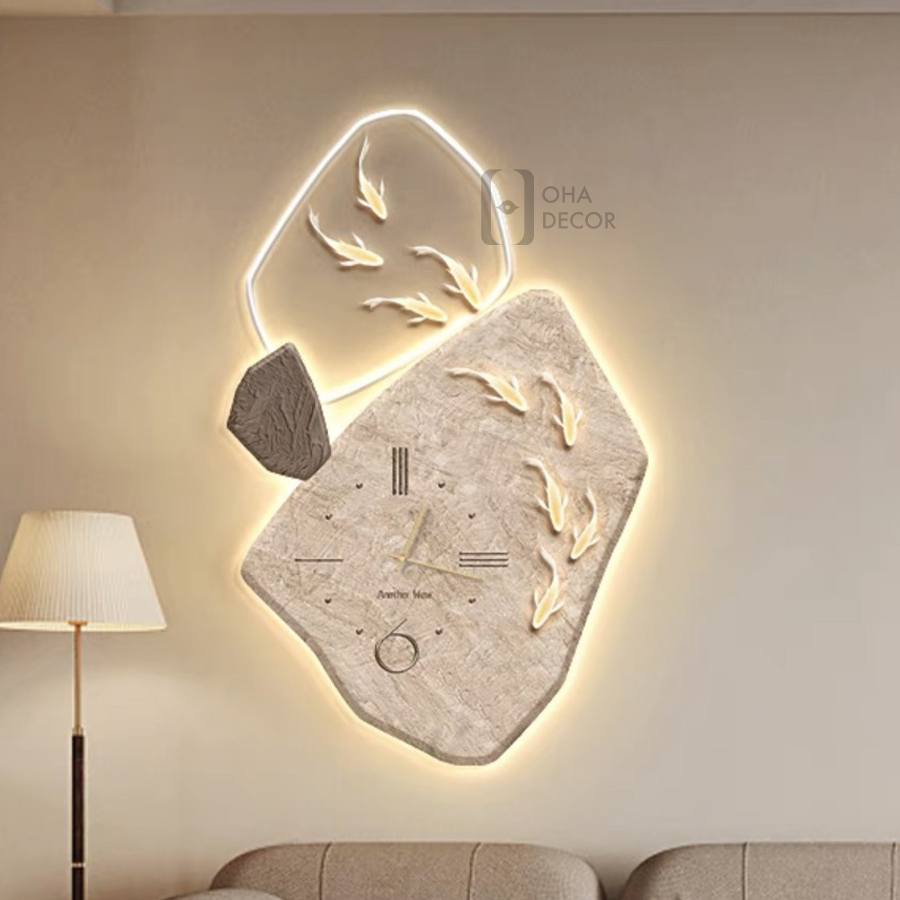 Tranh 3D LED Đồng Hồ Cửu Ngư Cá Chép Trang Trí Phòng Khách Quán Cà Phê OHA Decor