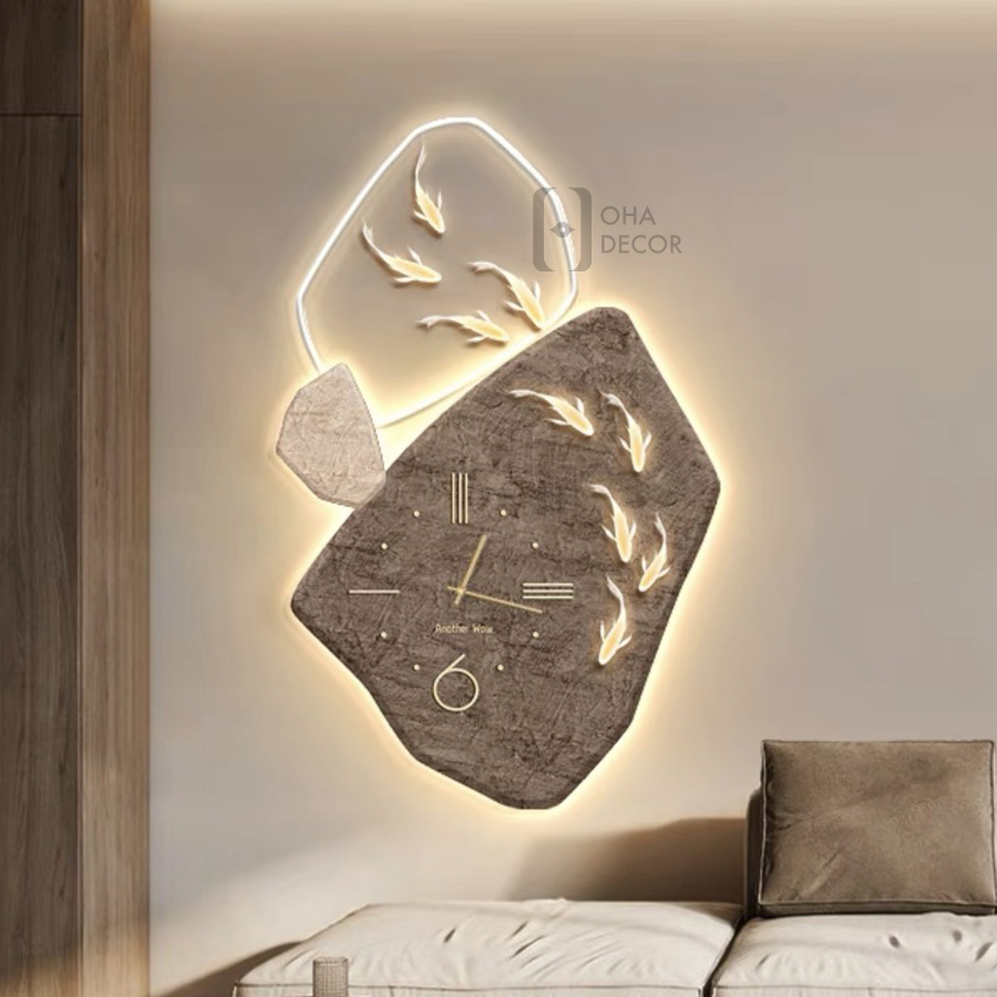 Tranh 3D LED Đồng Hồ Cửu Ngư Cá Chép Trang Trí Phòng Khách Quán Cà Phê OHA Decor