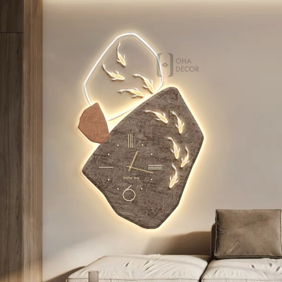 Tranh 3D LED Đồng Hồ Cửu Ngư Cá Chép Trang Trí Phòng Khách Quán Cà Phê OHA Decor