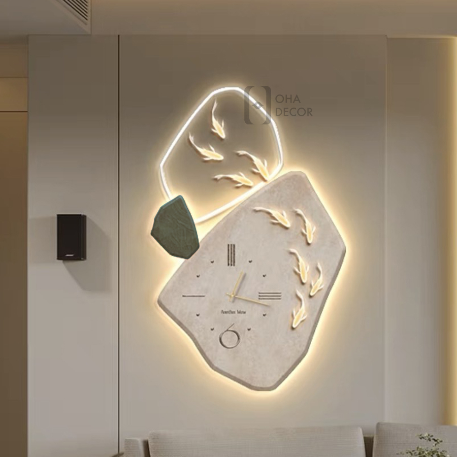 Tranh 3D LED Đồng Hồ Cửu Ngư Cá Chép Trang Trí Phòng Khách Quán Cà Phê OHA Decor