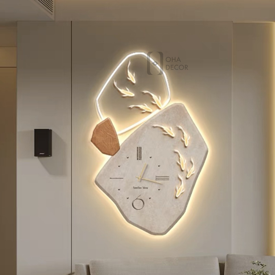 Tranh 3D LED Đồng Hồ Cửu Ngư Cá Chép Trang Trí Phòng Khách Quán Cà Phê OHA Decor