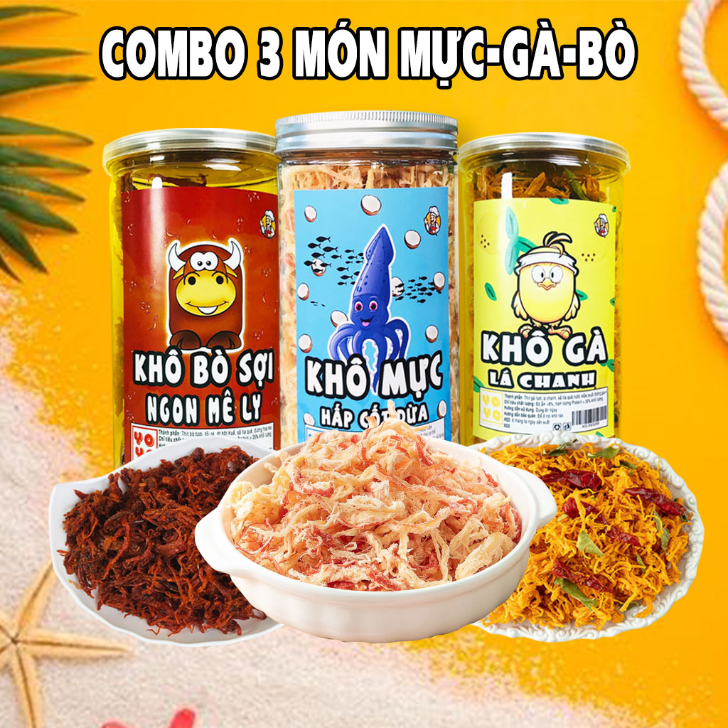 Combo 3 món đồ ăn vặt khô gà lá chanh, khô bò xé sợi, khô mực hấp dừa (280g/1 hũ)