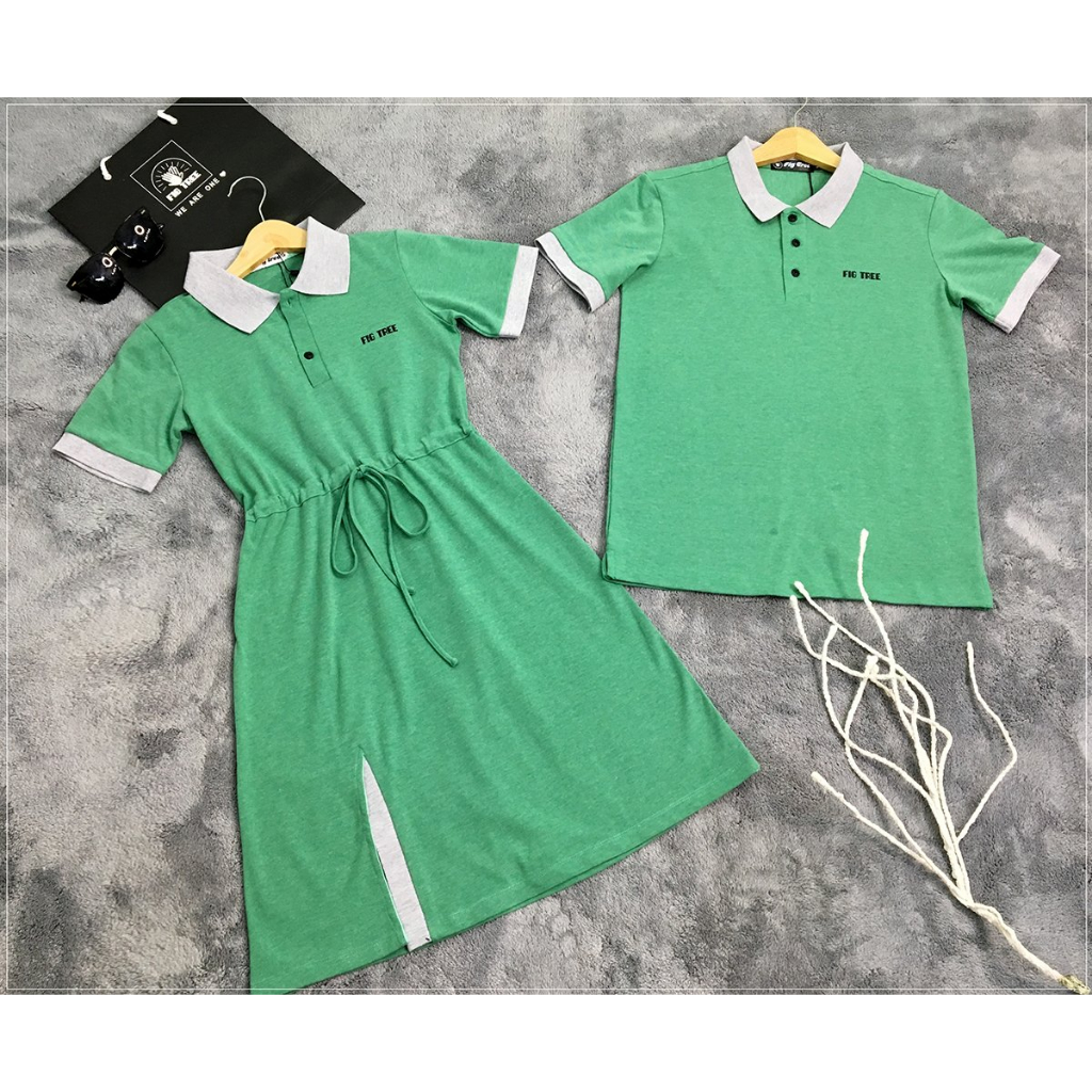 Set Đồ Đôi Đồ Cặp Fig Tree Thun Polo Màu Xanh Cốm Tươi Mát, Vải Cá Sấu Dày Dặn, Hàng thiết kế