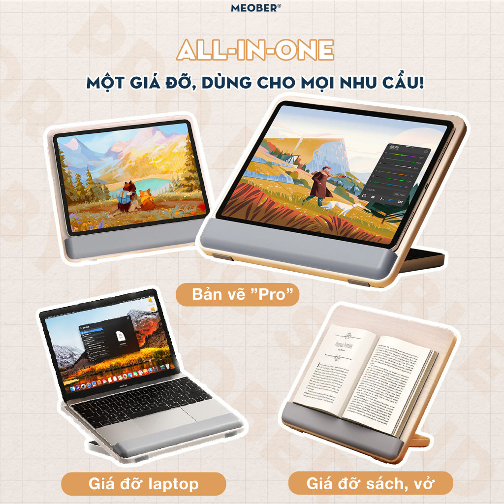 [Pro Drawing Board] Bàn vẽ kiêm giá đỡ công thái học, đệm tay chống mỏi, chỉnh nghiêng cho tablet sách laptop by meober
