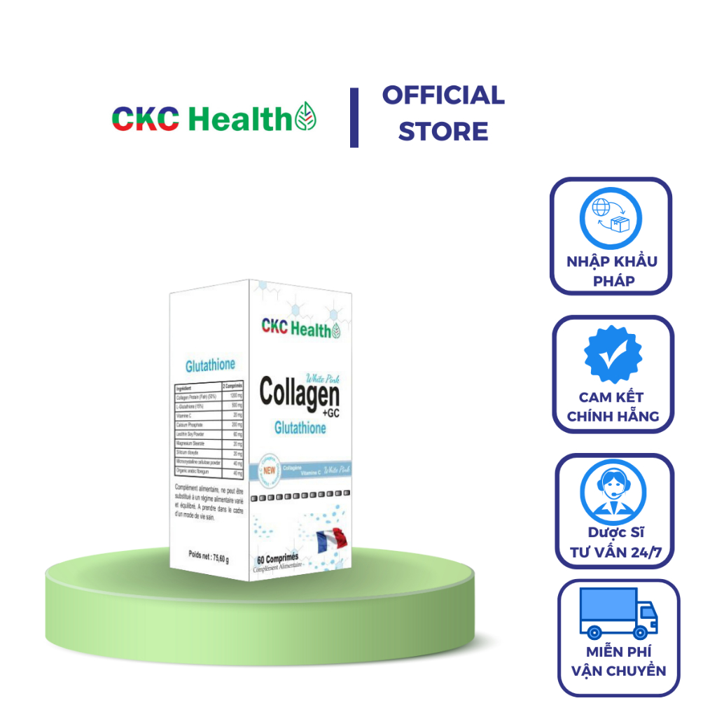 glutathione và vitamin c Viên uống COLLAGEN GC Nhập khẩu PHÁP với Collagen & L - Glutathione và  Vitamin C đẹp da ngăn ngừa lão hóa Hộp 60 viên
