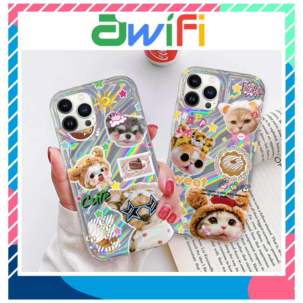 Ốp lưng iphone vân sóng laser cún mèo sticker 6/6s/7/7plus/8/8plus/x/xs ...