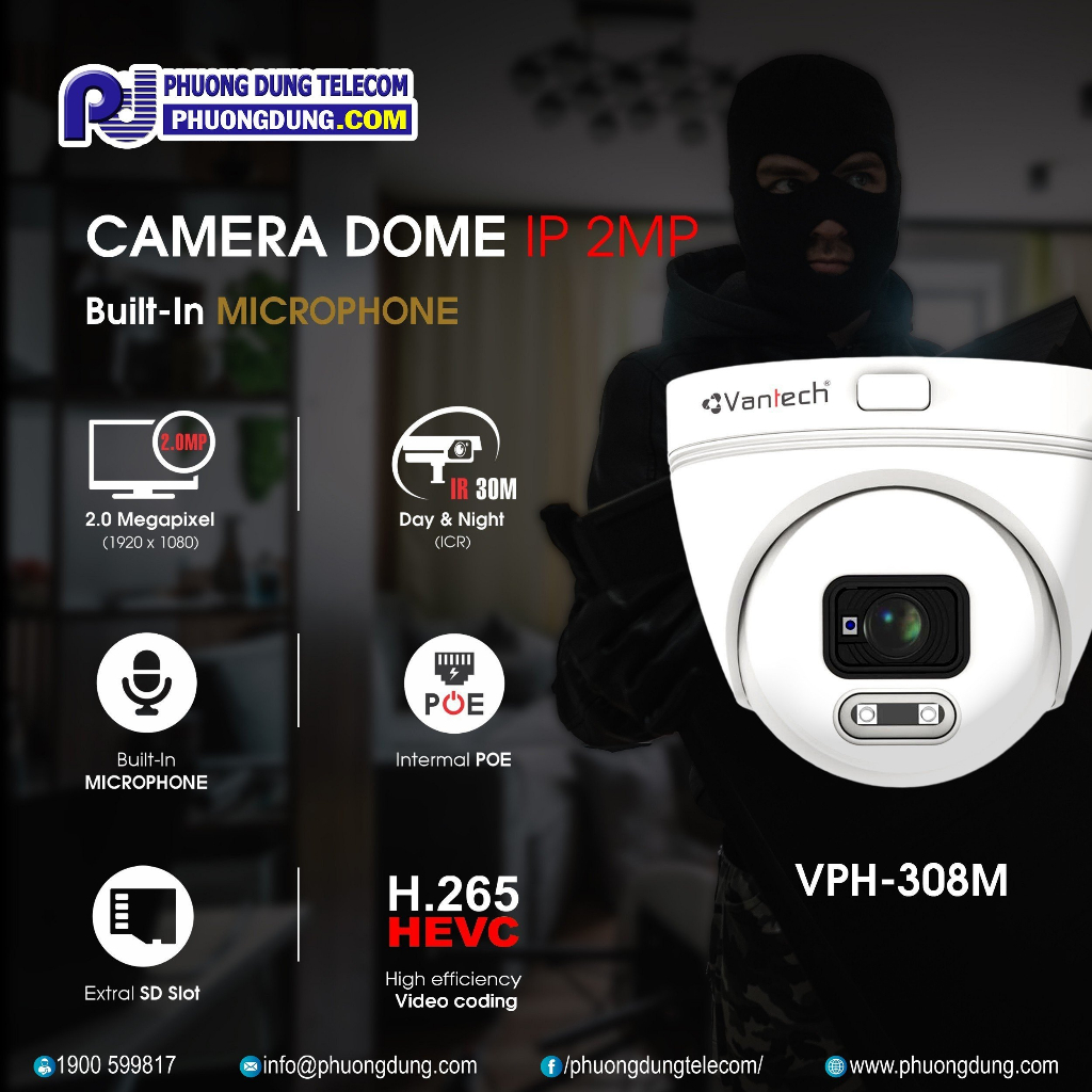 Camera IP Dome Hồng Ngoại 2.0 Megapixel VANTECH VPH-308M
