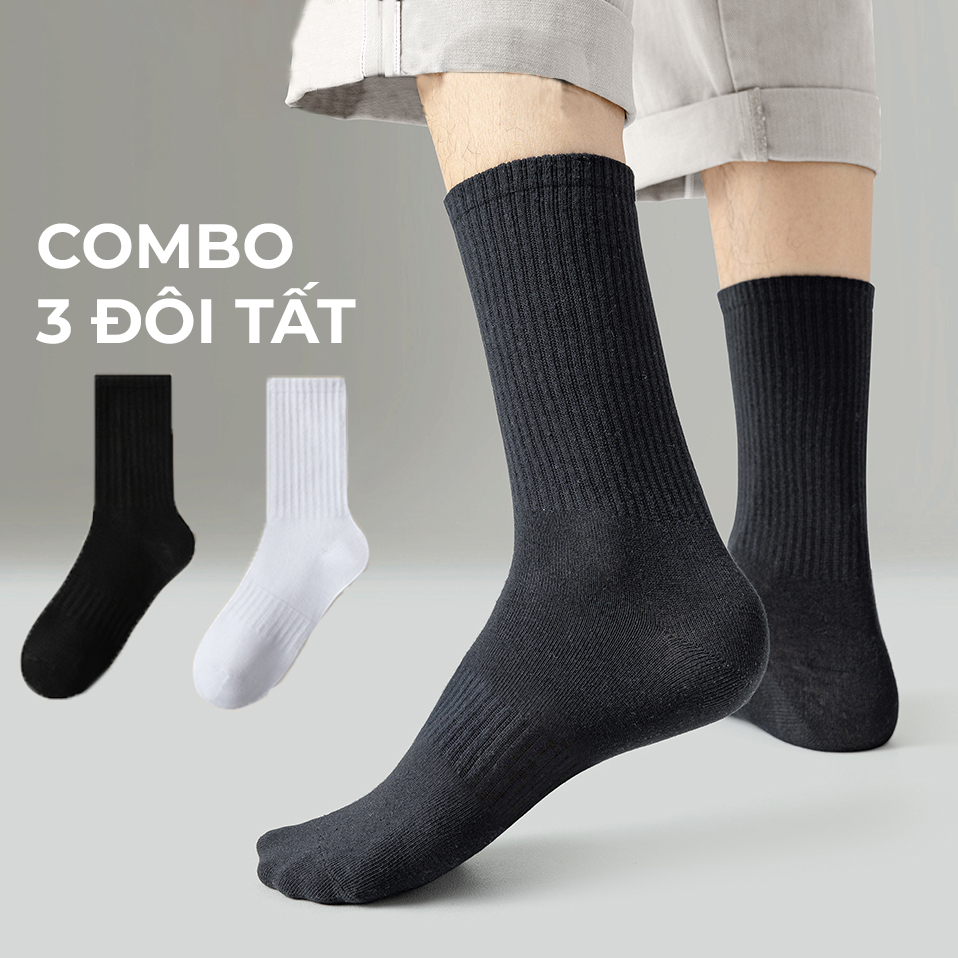 Combo 3 đôi tất trơn cổ cao dễ phối đồ, Set 3 đôi tất cao cổ G2 màu đen hoặc trắng bằng cotton hàng VNXK
