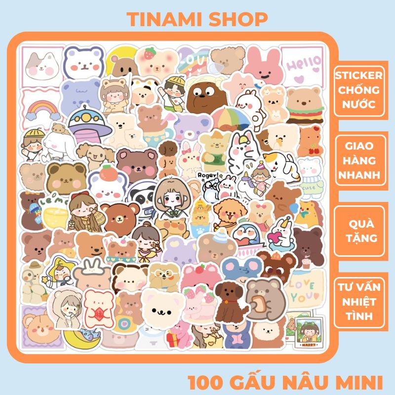 100 Sticker gấu nâu mini dễ thương cute dùng trang trí điện thoại ...