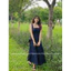 Đầm midi jean 2 dây cổ vuông chỉ viền