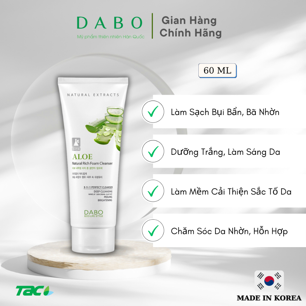 Ảnh Sữa rửa mặt cao cấp chất Lô Hội Dabo Aloe Natural Rich Foam Cleanser 3 in 1 60ml 2