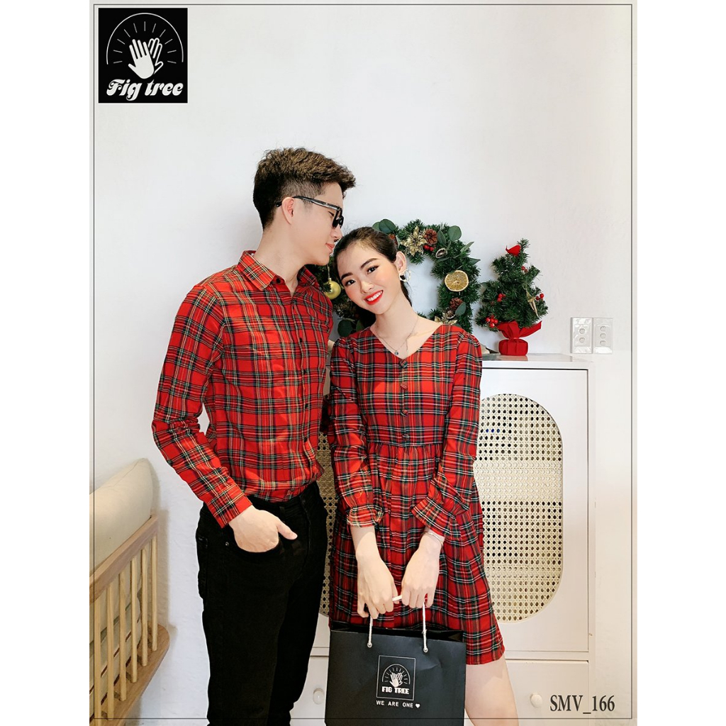 Set Sơ Mi Váy Đôi Fig Tree Sọc Caro Đỏ Siêu Hot Chào Đón Noel MS 166