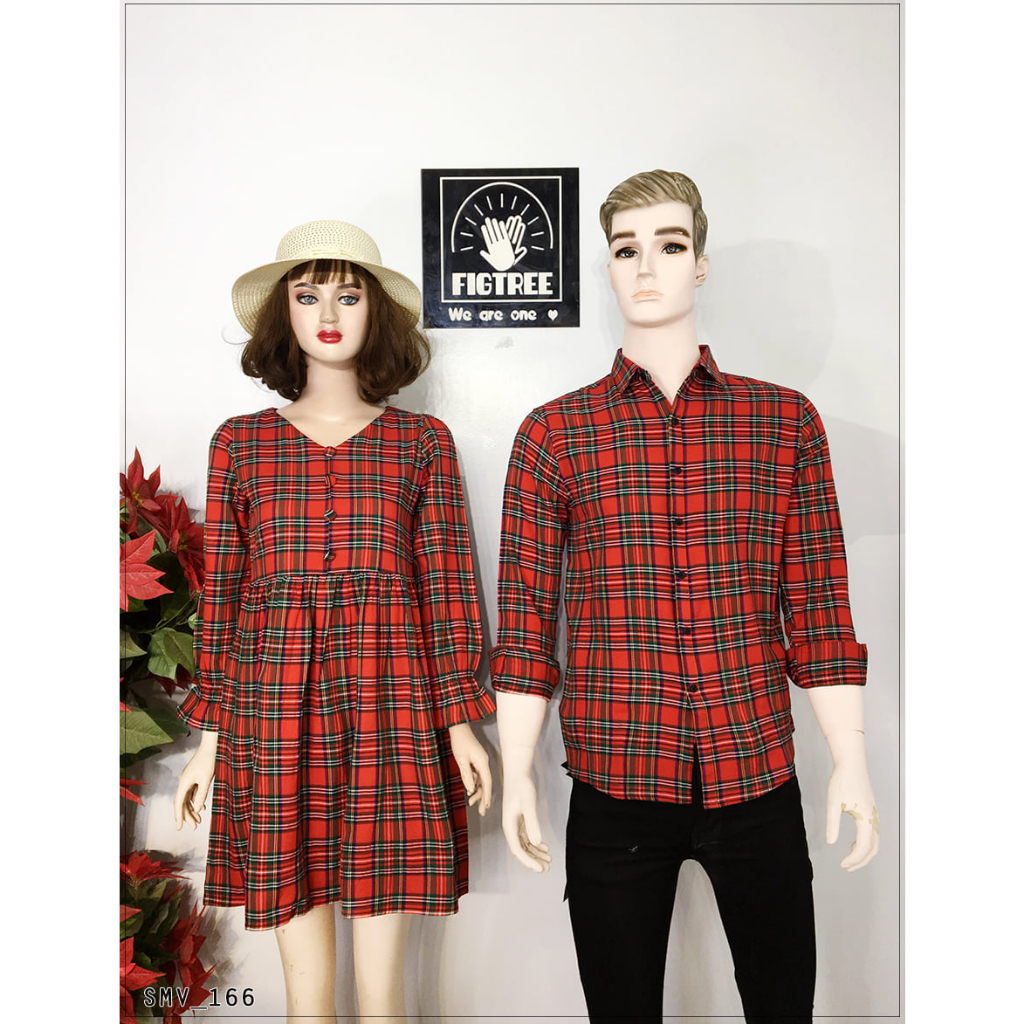 Set Sơ Mi Váy Đôi Fig Tree Sọc Caro Đỏ Siêu Hot Chào Đón Noel MS 166