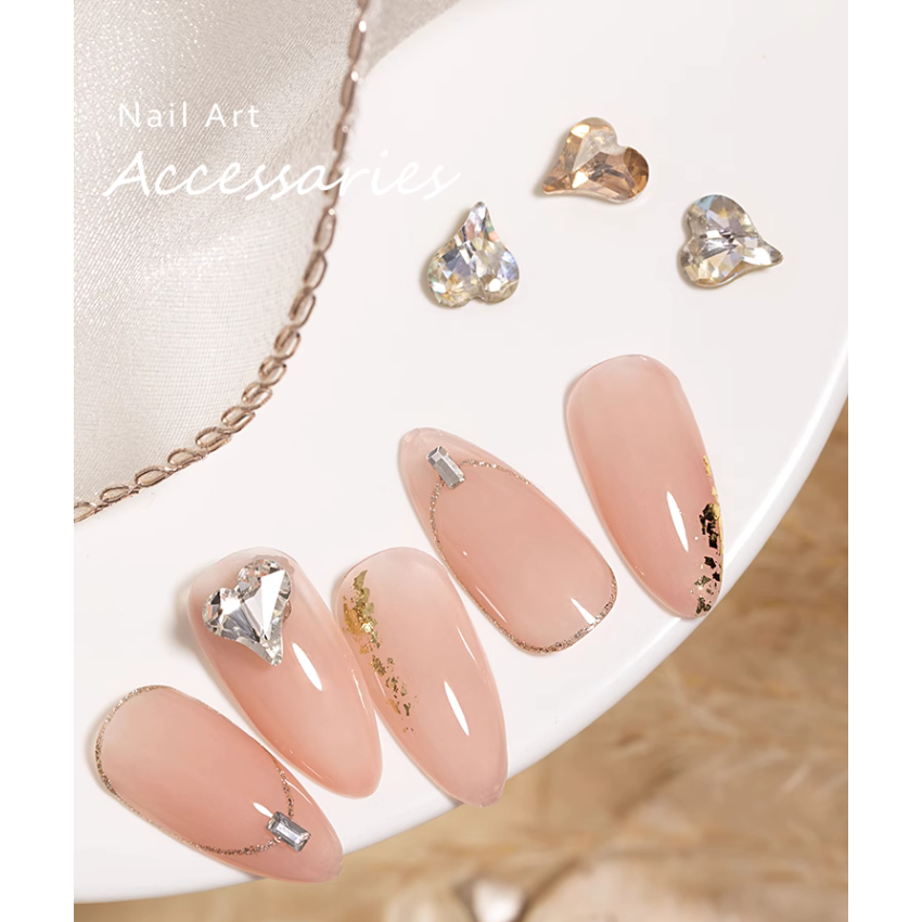 Túi 10 Viên Đá khối Nail Hình Trái Tim Chân Vàng Trang Trí Móng ANGELICA TT