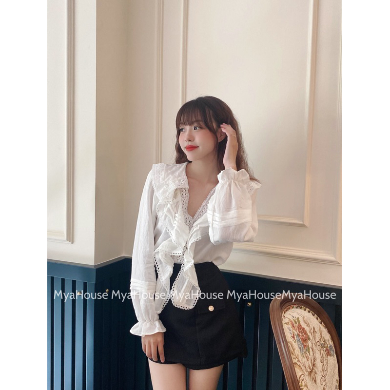 Áo trắng cổ bèo chạy ren tay bo MYA HOUSE