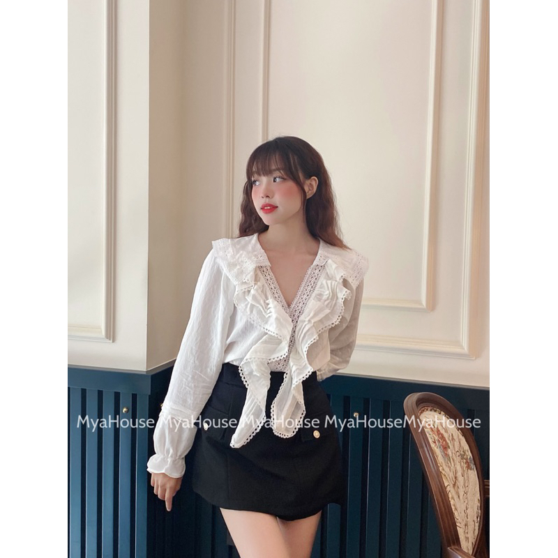 Áo trắng cổ bèo chạy ren tay bo MYA HOUSE